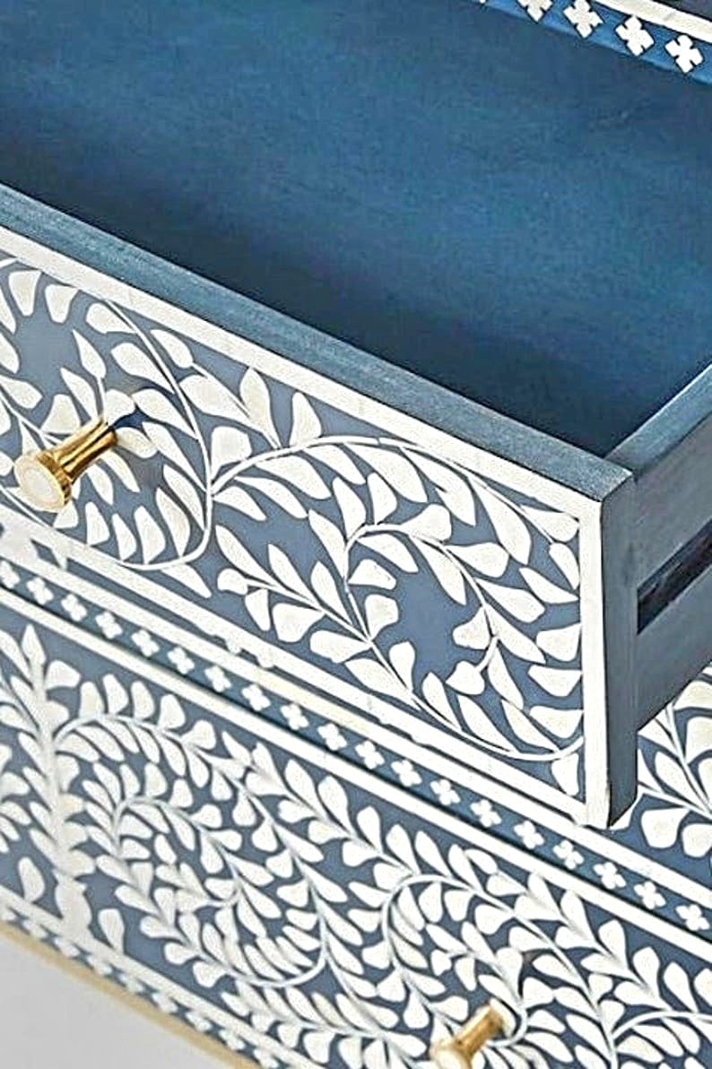 Floral Bone Inlay Chest Of 3 Drawers Dresser – handcrafted solid wood furniture
