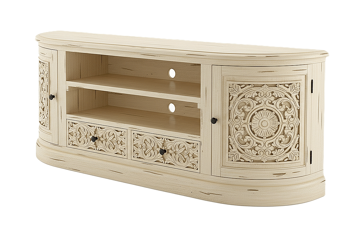 Florentia Crest™ Hand - Carved Solid Wood TV Console & Entertainment Center – handcrafted solid wood furniture