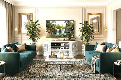 Florentia Crest™ Hand - Carved Solid Wood TV Console & Entertainment Center – handcrafted solid wood furniture