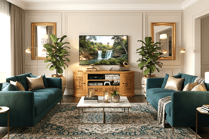 Florentia Crest™ Hand - Carved Solid Wood TV Console & Entertainment Center – handcrafted solid wood furniture