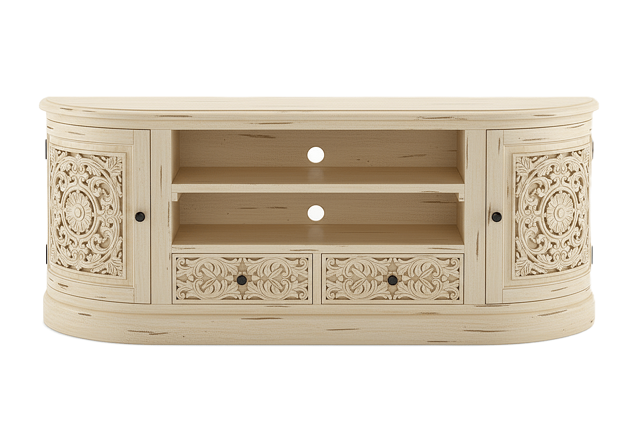 Florentia Crest™ Hand - Carved Solid Wood TV Console & Entertainment Center – handcrafted solid wood furniture