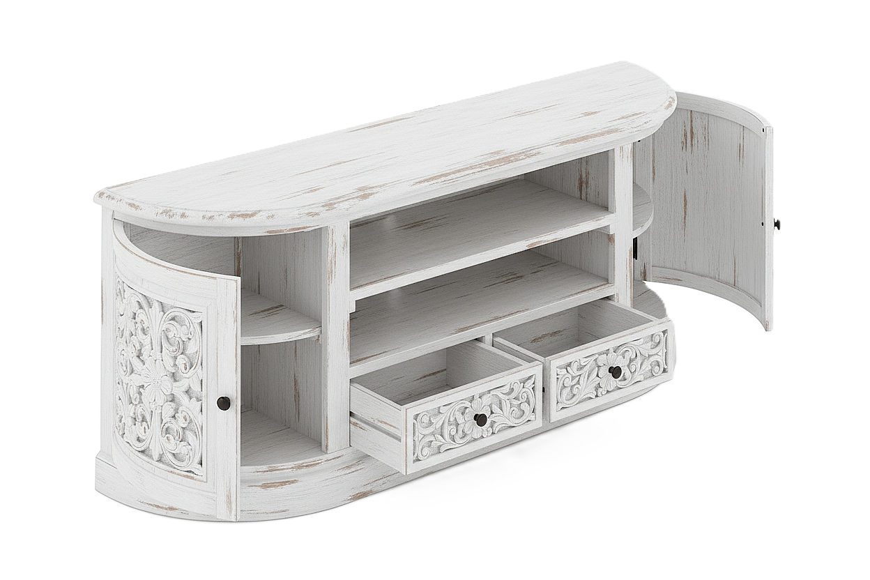 Florentia Crest™ Hand - Carved Solid Wood TV Console & Entertainment Center – handcrafted solid wood furniture