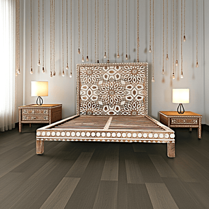 Geometric Floral Design Handmade Wooden Bed by Hibashi Furniture – handcrafted solid wood furniture made in India