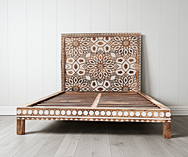 Geometric Floral Design Handmade Wooden Bed | Hibashi Furniture