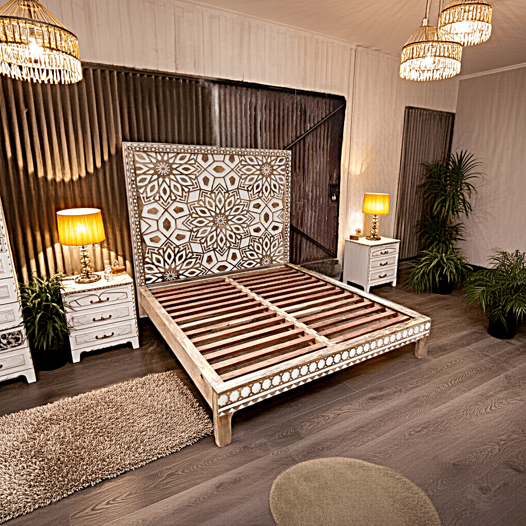 Geometric Floral Design Handmade Wooden Bed by Hibashi Furniture – handcrafted solid wood furniture made in India
