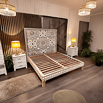 Geometric Floral Design Handmade Wooden Bed by Hibashi Furniture – handcrafted solid wood furniture made in India
