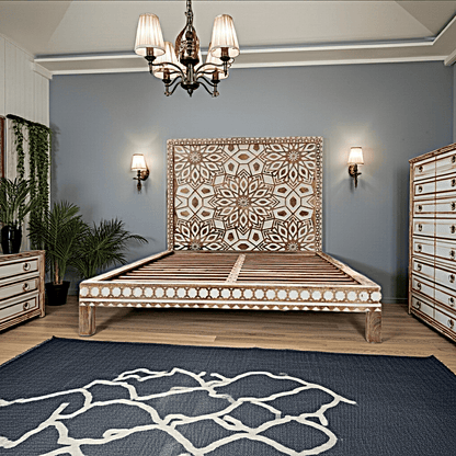 Geometric Floral Design Handmade Wooden Bed by Hibashi Furniture – handcrafted solid wood furniture made in India