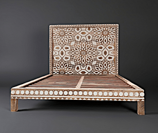 Geometric Floral Design Handmade Wooden Bed by Hibashi Furniture – handcrafted solid wood furniture made in India