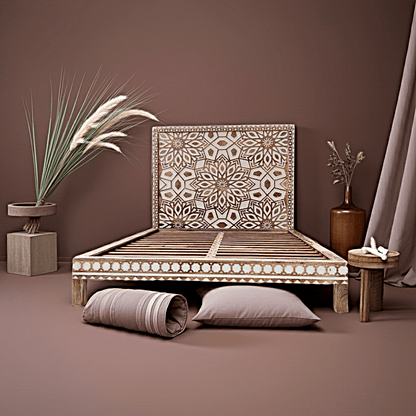 Geometric Floral Design Handmade Wooden Bed by Hibashi Furniture – handcrafted solid wood furniture made in India
