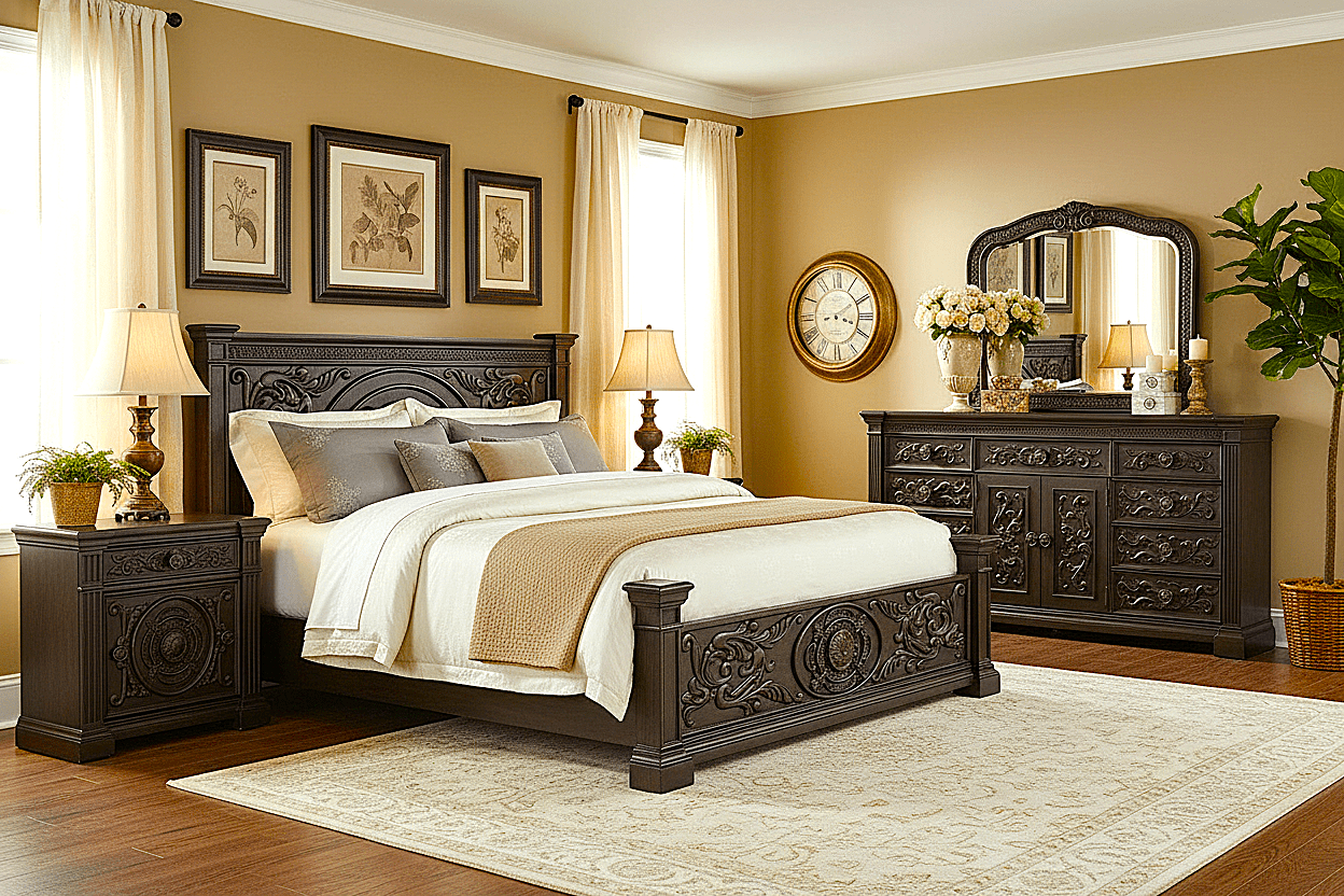 Grand Baroque Medallion™ Hand - Carved Solid Wood Platform Bed & Bedroom Collection – handcrafted solid wood furniture