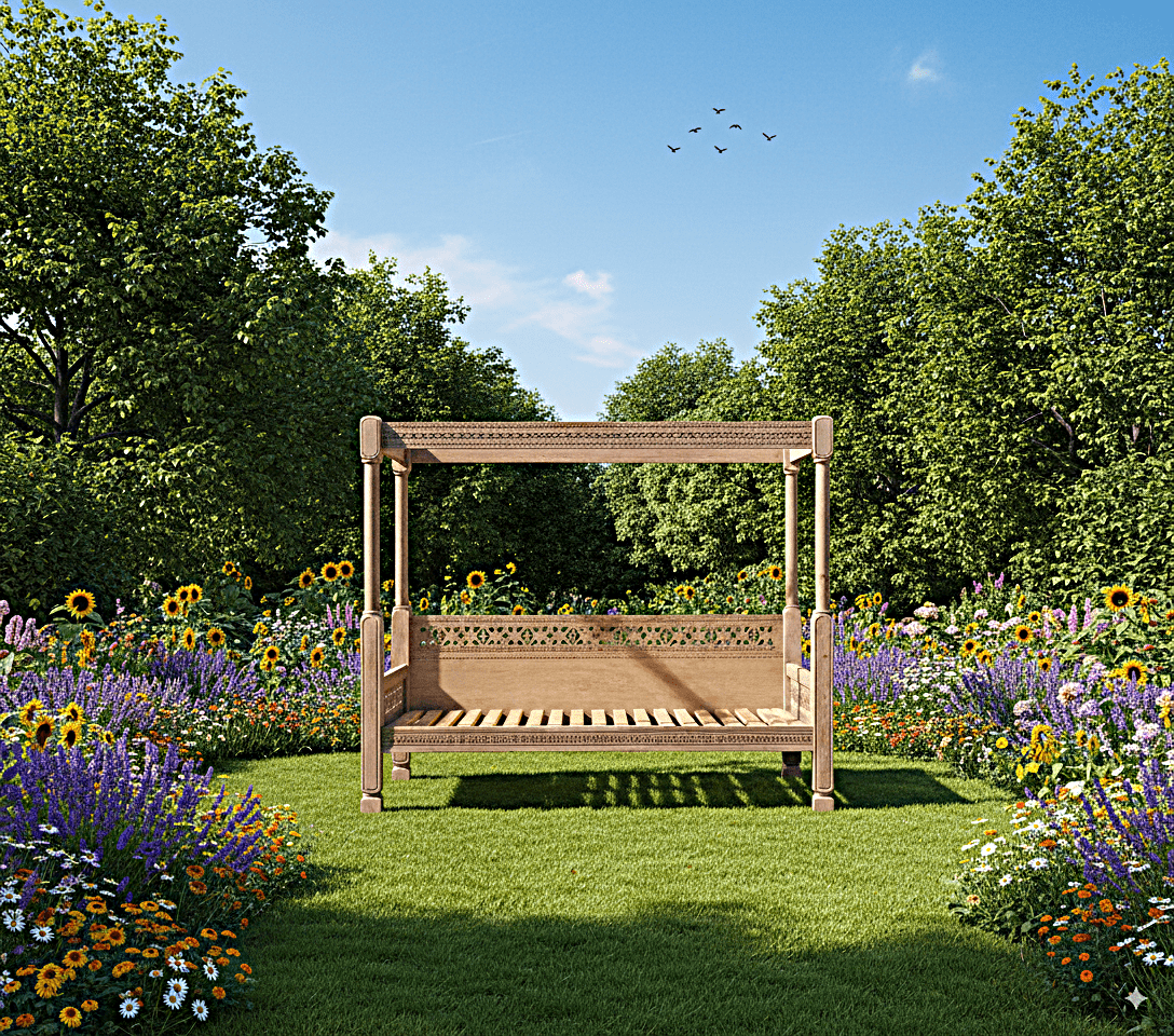 Hand Carved Canopy Style Solid Wooden Daybed / OutDoor Seating – handcrafted solid wood furniture