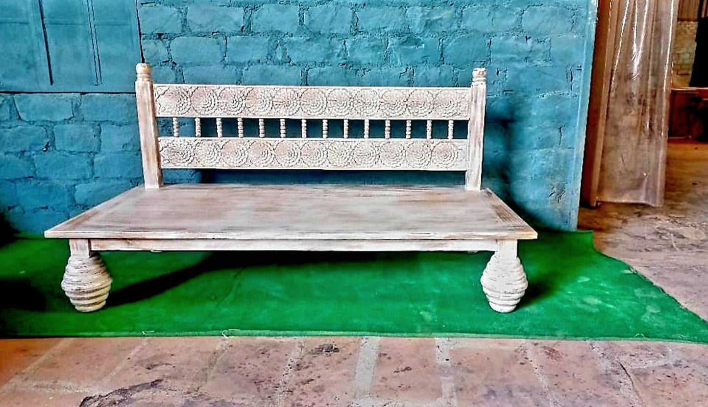 Hand Carved Indian Mughal floral White Washed Charming Daybed – handcrafted solid wood furniture