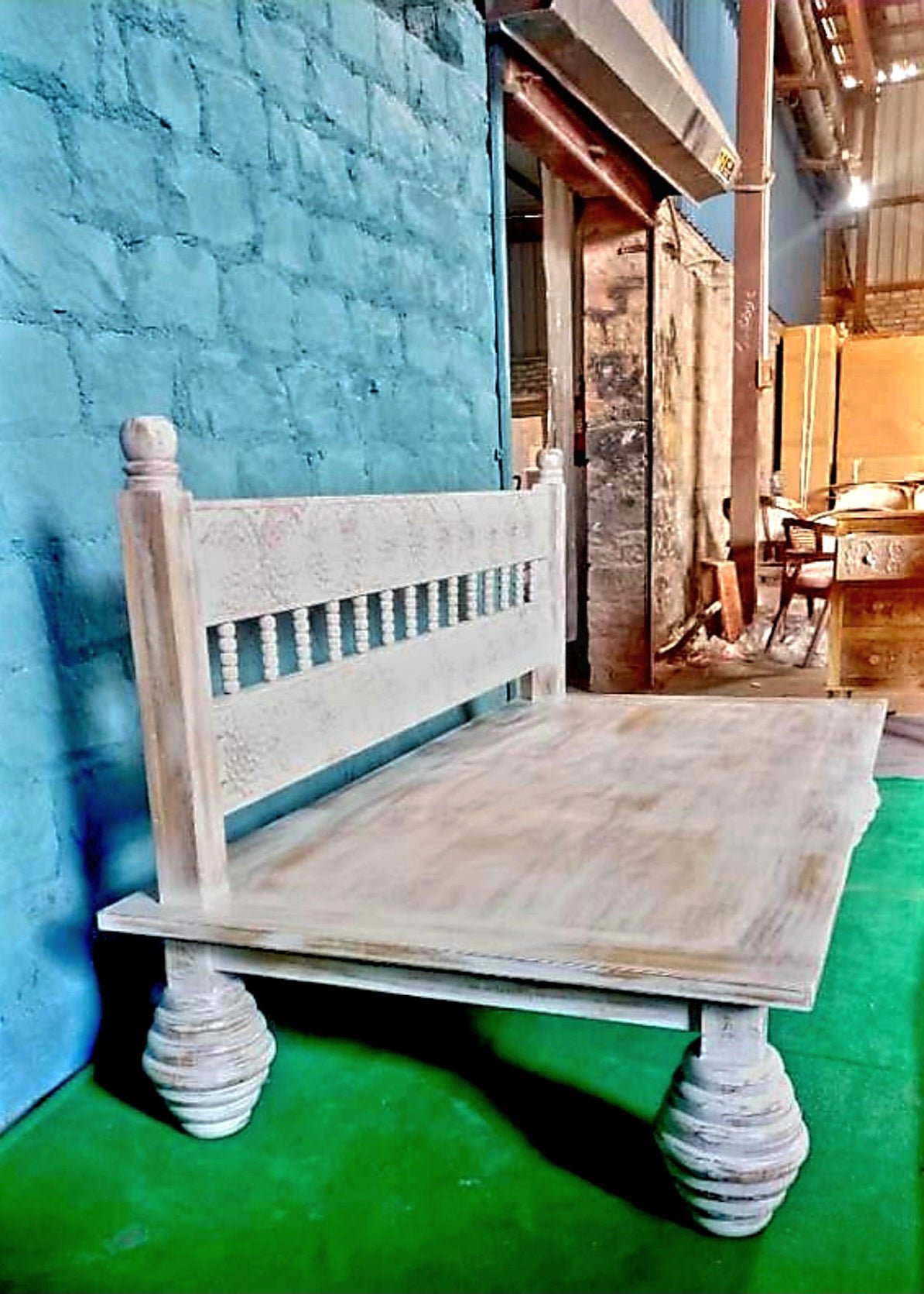 Hand Carved Indian Mughal floral White Washed Charming Daybed – handcrafted solid wood furniture