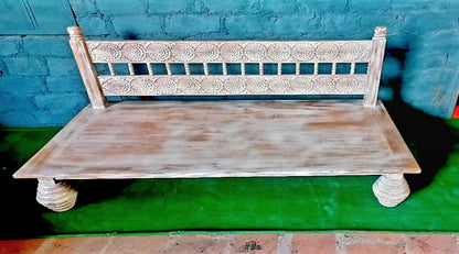 Hand Carved Indian Mughal floral White Washed Charming Daybed – handcrafted solid wood furniture