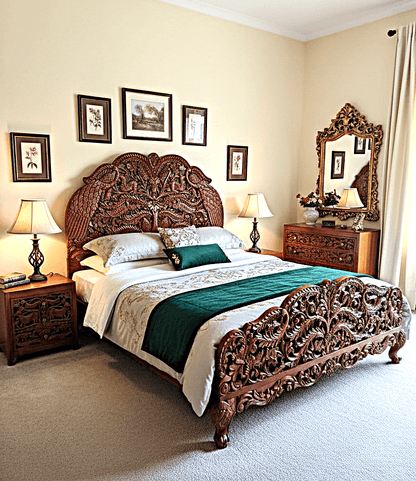 Hand Carved Indian Shajahan Bed Frame Indian Bed bedside - HF Commercial Furniture