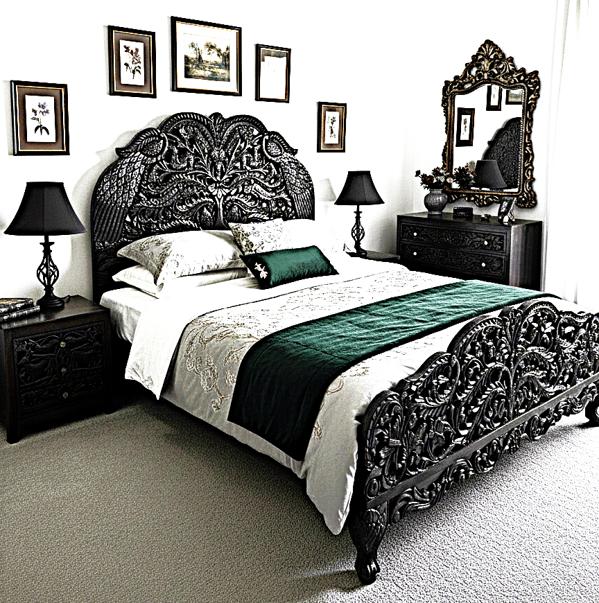 Hand Carved Indian Shajahan Bed Frame Indian Bed bedside - HF Commercial Furniture