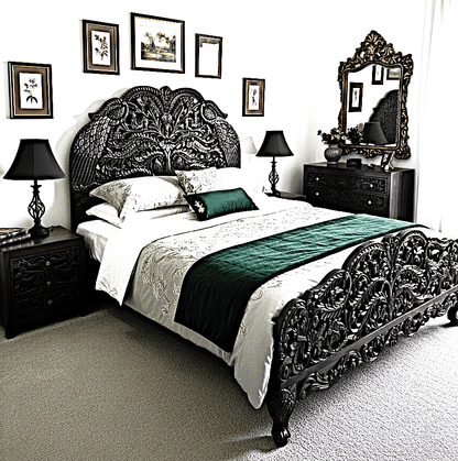 Hand Carved Indian Shajahan Bed Frame Indian Bed bedside - HF Commercial Furniture