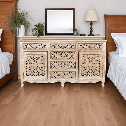 Hand carved Indian solid wooden Nadia 6 drawers combo dresser by Hibashi Furniture – handcrafted solid wood furniture made in India