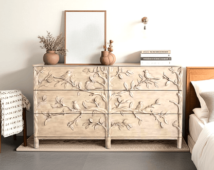 Hand Carved Ornithology Six - Drawer Dresser by Hibashi Furniture – handcrafted solid wood furniture made in India