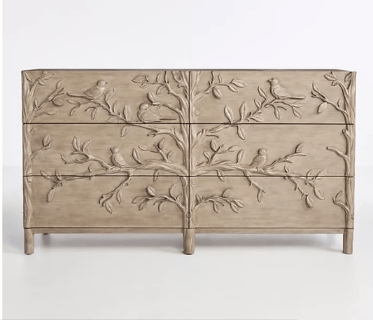 Hand Carved Ornithology Six - Drawer Dresser by Hibashi Furniture – handcrafted solid wood furniture made in India