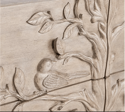 Hand Carved Ornithology Six - Drawer Dresser by Hibashi Furniture – handcrafted solid wood furniture made in India