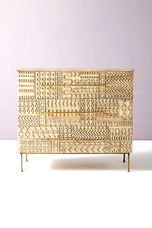 Hand Carved - Patchwork 3 Drawer Dresser by Hibashi Furniture – handcrafted solid wood furniture made in India