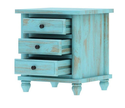 Hand Carved Turquoise Solid Mango Wood 3 Drawer Bedside / Nightstand by Hibashi Furniture – handcrafted solid wood furniture made in India
