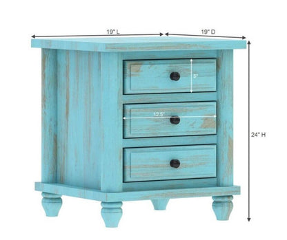 Hand Carved Turquoise Solid Mango Wood 3 Drawer Bedside / Nightstand by Hibashi Furniture – handcrafted solid wood furniture made in India