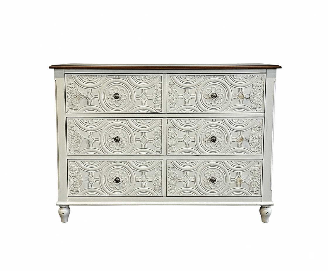 Hand - Carved Whitewash Panel Platform Bed & 5 - Piece Luxury Bedroom Set – handcrafted solid wood furniture