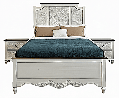 Hand - Carved Whitewash Panel Platform Bed & 5 - Piece Luxury Bedroom Set – handcrafted solid wood furniture