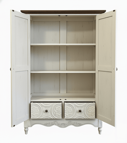 Hand - Carved Whitewash Panel Platform Bed & 5 - Piece Luxury Bedroom Set – handcrafted solid wood furniture