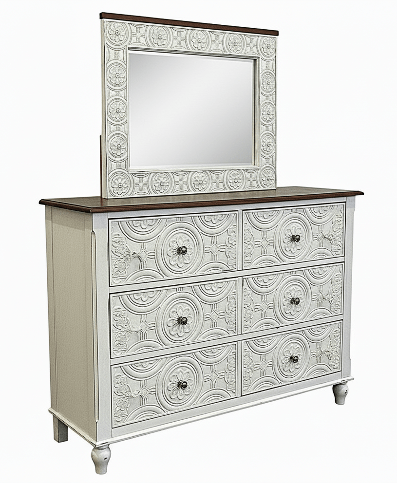 Hand - Carved Whitewash Panel Platform Bed & 5 - Piece Luxury Bedroom Set – handcrafted solid wood furniture