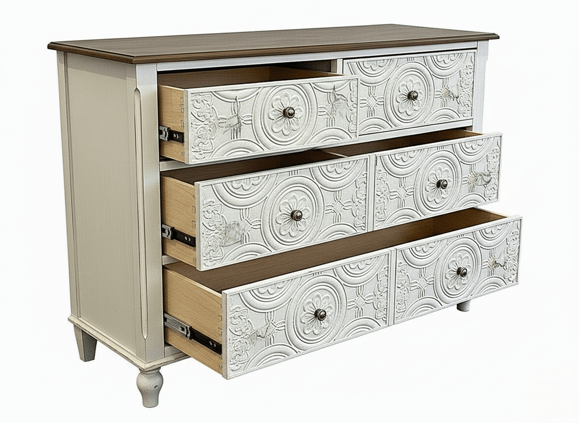 Hand - Carved Whitewash Panel Platform Bed & 5 - Piece Luxury Bedroom Set – handcrafted solid wood furniture