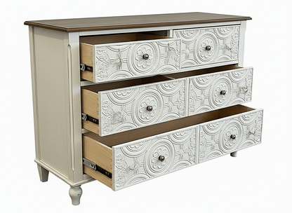 Hand - Carved Whitewash Panel Platform Bed & 5 - Piece Luxury Bedroom Set – handcrafted solid wood furniture