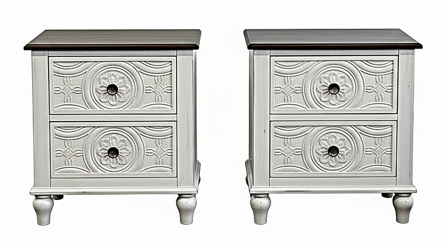 Hand - Carved Whitewash Panel Platform Bed & 5 - Piece Luxury Bedroom Set – handcrafted solid wood furniture