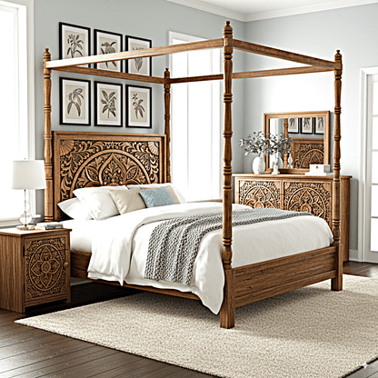 Ilano Weathered Hand - carved Solid Mango Wood Canopy Platform Bed - HF Commercial Furniture