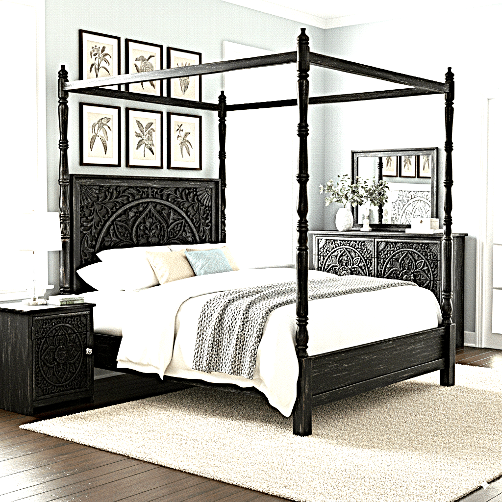 Ilano Weathered Hand - carved Solid Mango Wood Canopy Platform Bed by Hibashi Furniture – handcrafted solid wood furniture made in India