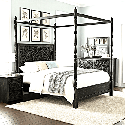 Ilano Weathered Hand - carved Solid Mango Wood Canopy Platform Bed by Hibashi Furniture – handcrafted solid wood furniture made in India