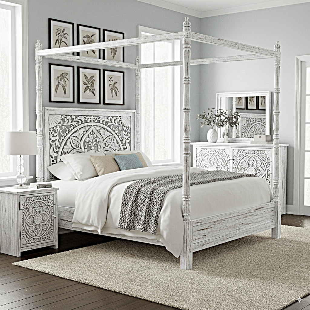 Ilano Weathered Hand - carved Solid Mango Wood Canopy Platform Bed - HF Commercial Furniture