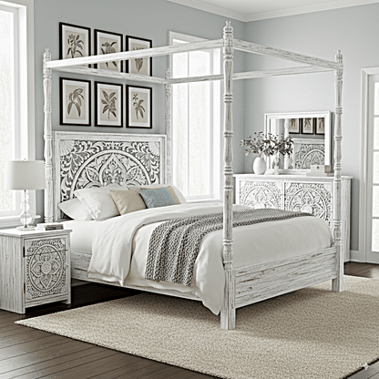 Ilano Weathered Hand - carved Solid Mango Wood Canopy Platform Bed - HF Commercial Furniture