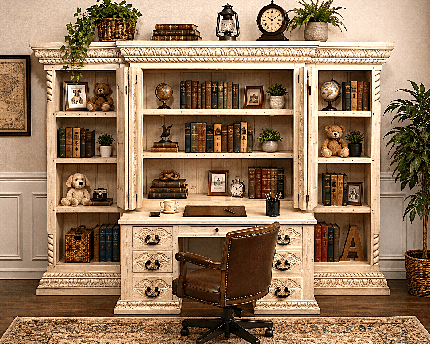 Imperial Scholar’s Haven™ Hand - Carved Solid Wood Executive Bookcase &amp; Library Hutch Collection – handcrafted solid wood furniture