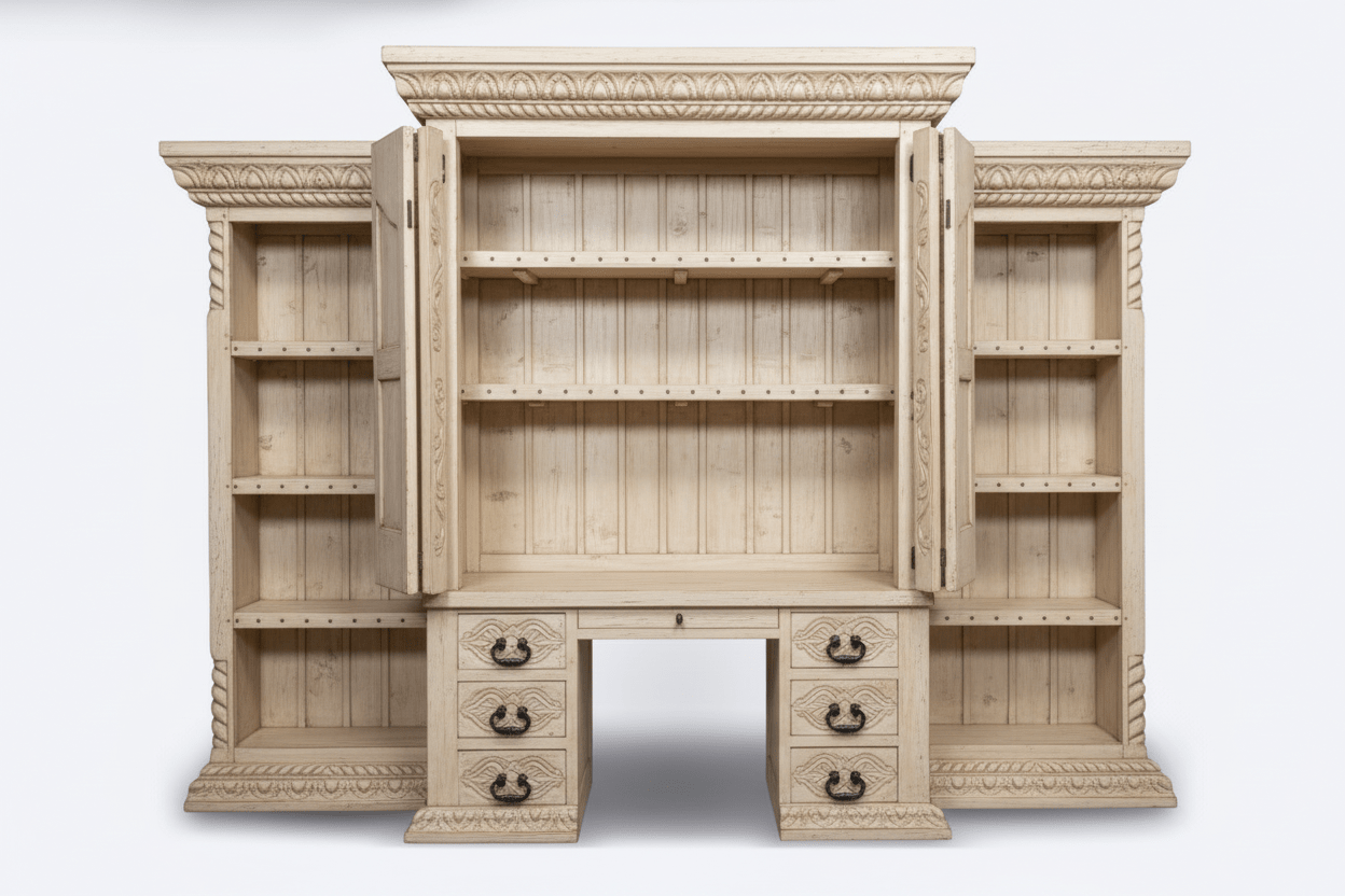 Imperial Scholar’s Haven™ Hand - Carved Solid Wood Executive Bookcase &amp; Library Hutch Collection – handcrafted solid wood furniture