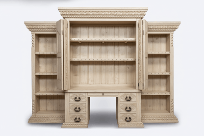 Imperial Scholar’s Haven™ Hand - Carved Solid Wood Executive Bookcase &amp; Library Hutch Collection – handcrafted solid wood furniture