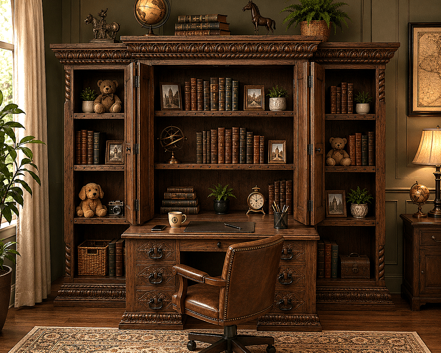 Imperial Scholar’s Haven™ Hand - Carved Solid Wood Executive Bookcase &amp; Library Hutch Collection – handcrafted solid wood furniture