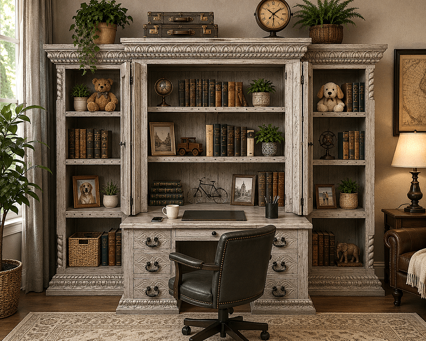 Imperial Scholar’s Haven™ Hand - Carved Solid Wood Executive Bookcase &amp; Library Hutch Collection – handcrafted solid wood furniture