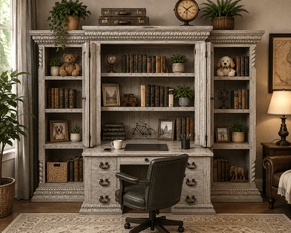 Imperial Scholar’s Haven™ Hand - Carved Solid Wood Executive Bookcase &amp; Library Hutch Collection – handcrafted solid wood furniture