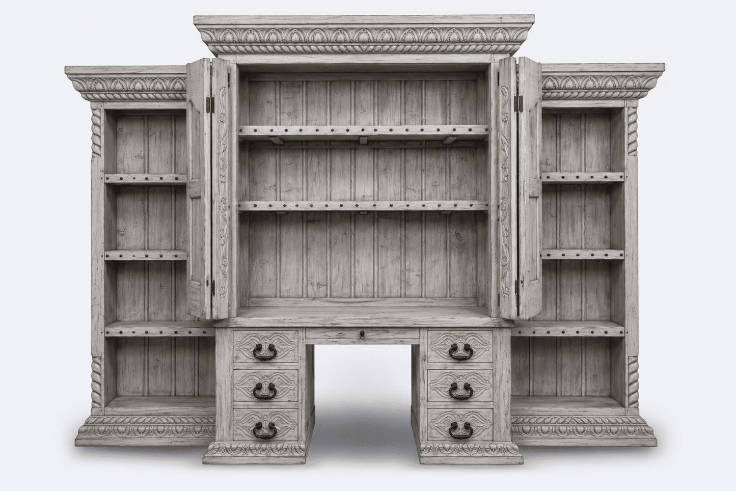 Imperial Scholar’s Haven™ Hand - Carved Solid Wood Executive Bookcase &amp; Library Hutch Collection – handcrafted solid wood furniture