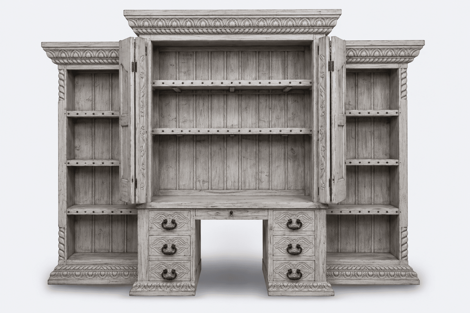 Imperial Scholar’s Haven™ Hand - Carved Solid Wood Executive Bookcase &amp; Library Hutch Collection – handcrafted solid wood furniture