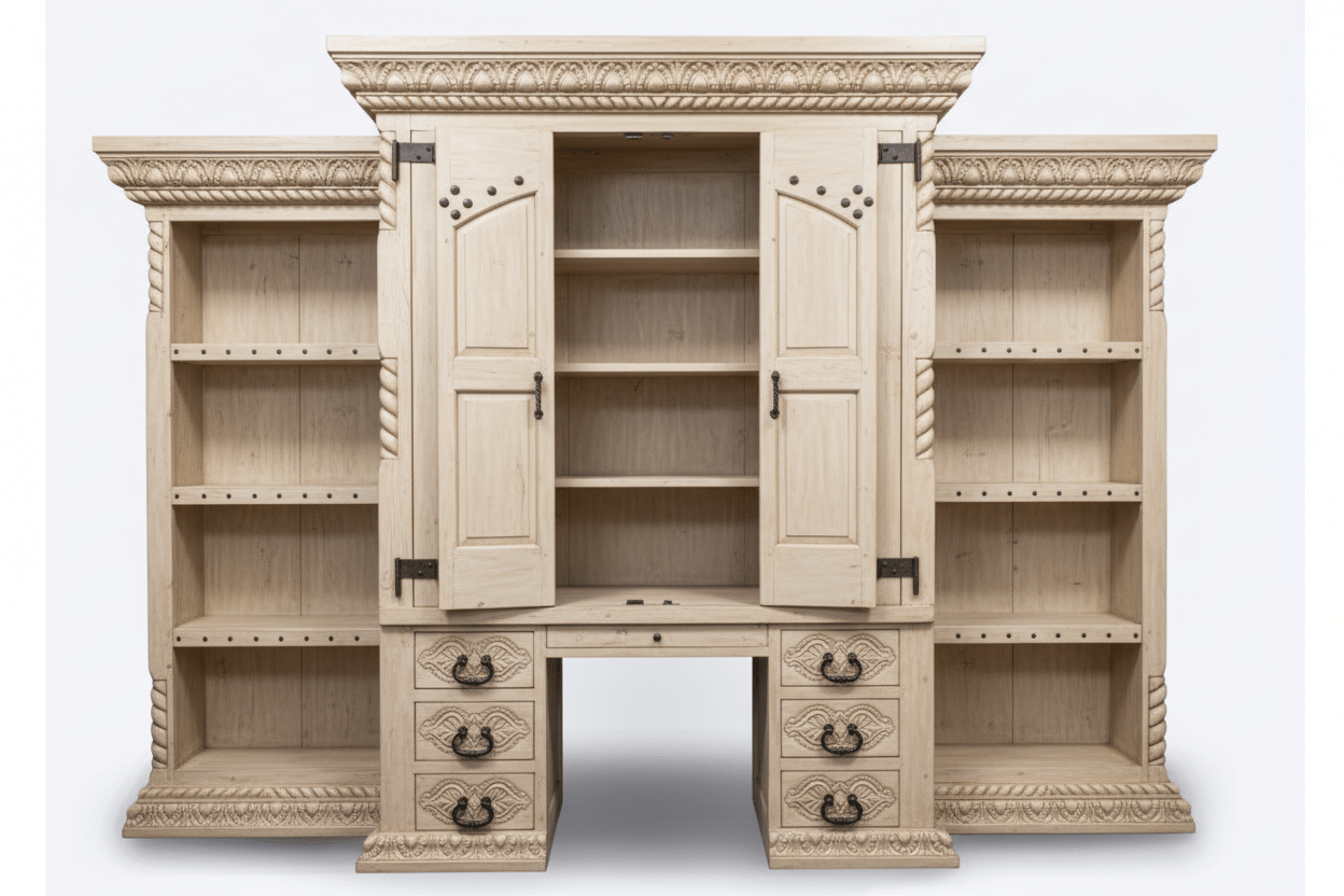 Imperial Scholar’s Haven™ Hand - Carved Solid Wood Executive Bookcase &amp; Library Hutch Collection – handcrafted solid wood furniture