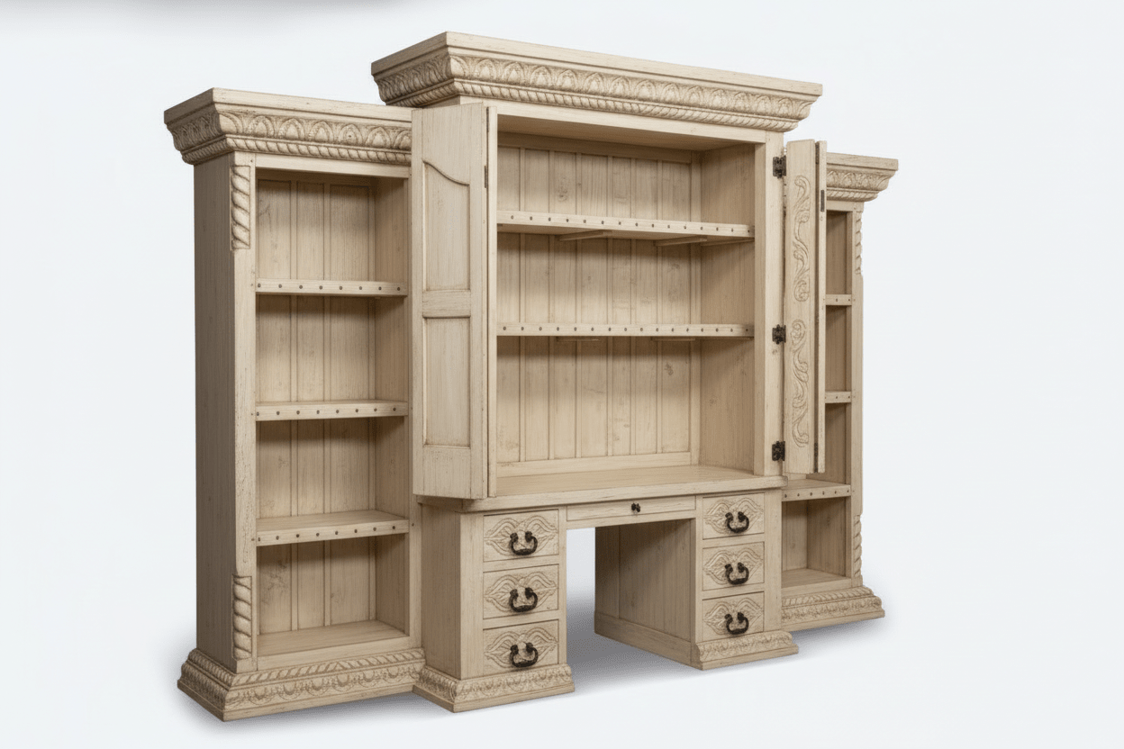 Imperial Scholar’s Haven™ Hand - Carved Solid Wood Executive Bookcase &amp; Library Hutch Collection – handcrafted solid wood furniture